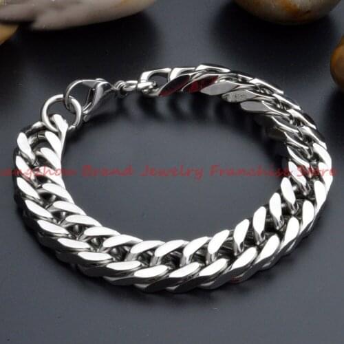 Hiqh Quality 9" 316L Stainless Steel Silver color Bicycle Cuff Bracelet For Mens Curb Cuban Double Chain Link Cool Jewelry