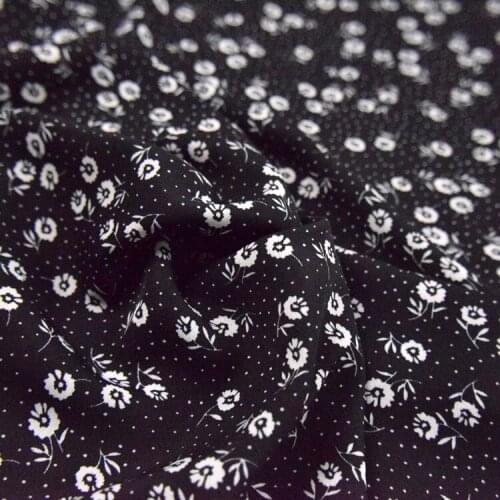 Korean Silk Chiffon Fabric Black Bottom White Daisy Little Floral Dress Pants Shirt Womens Handmade DIY Fabric