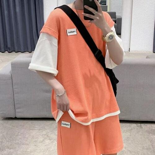 Men Summer Two Piece Loose Tracksuit Short Sleeve Oversized Fake Two T-shirts Men Shorts Set Male Chic Mens Outfits Joggers Set