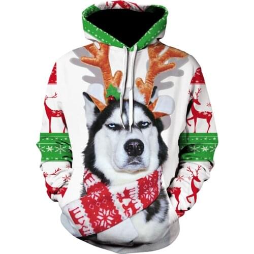2020 hot selling mens animal dog series printed flower hoodie fashion high quality 3D Christmas dog long sleeve thin hoodie