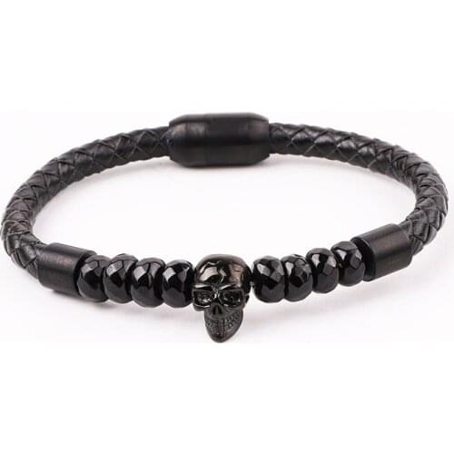 High Quality 316L Stainless Steel Clasp Helmet Skull Charm Genuine Leather Bracelet Men Jewelry Gift