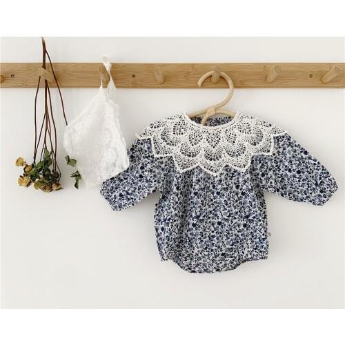 New Autumn Infants Clothes Newborn Baby Girls Floral Printed Bodysuits Lace Collar Bib Hat 3pcs Korean Style Kids Jumpsuits