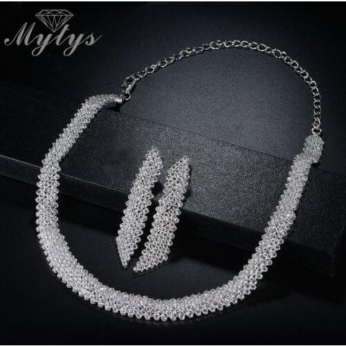 Mytys Shining Full Crystal Weeding Choker Necklace and Dangle Line Earrings Jewelry Sets for Women Light Weight Comfortable Sets