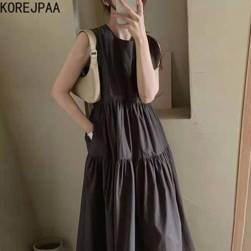 Korejpaa Women Dress 2021 Summer Korea Temperament Minimalism Casual Ladies Round Neck Folds Layered Sleeveless Loose Vestidos