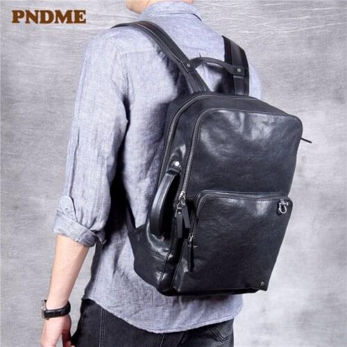 Casual simple genuine leather mens backpack vintage designer real cowhide travel multifunctional laptop womens black backpack