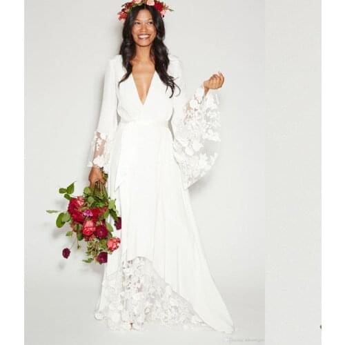 Simple Bohemian Counrtry Wedding Dresses Long Sleeves Deep V Neck Floor Length Summer Boho Hippie Beach Western Bridal Wedding G