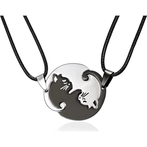 Rinhoo New Stainless Steel Black White Yin Yang Cat Pendants Necklaces Couple Best Friend Necklace Jewelry Gift for Friendship