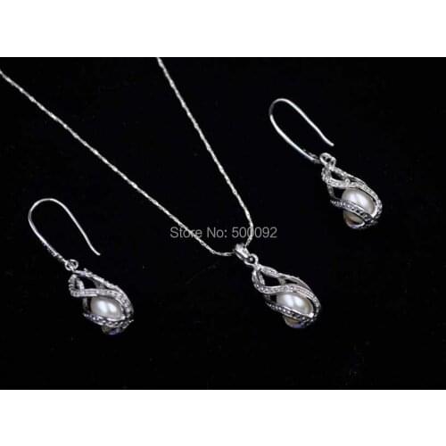 925 silver Lantern shape / Freshwater pearl sets earring and pendant necklace