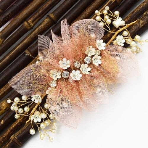 Elegant Gold Yarn Flower Headbands Branch Wedding Headpiece Bridal Hair Jewelry Hairbands Pearl Tiara Women Head Accessories