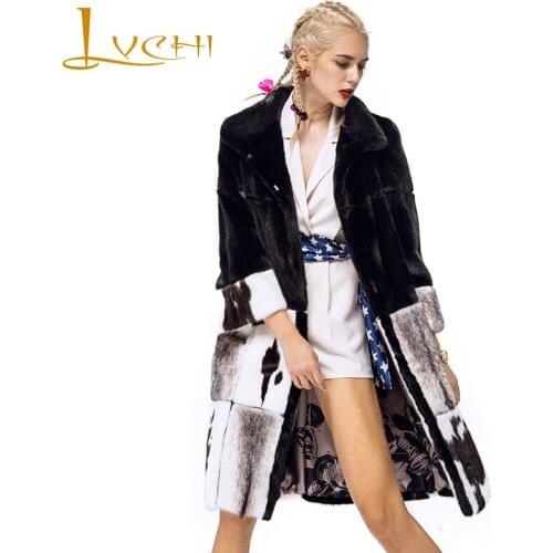 LVCHI Winter 2019 Female Print Three Quarter Long Real Mink Fur Coats Womens Turn-Down Collar Mink Color X-Long Loss Mink Coats