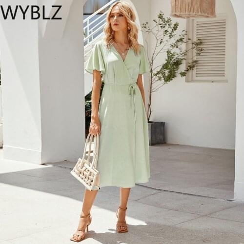 WYBLZ Summer Long Dress Vintage Short Sleeve Midi Dresses Bohemian Womens Sundress 2021 Boho Beach Green Casual Vestido Robe