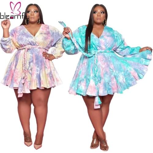 Tie Dye Printed V-neck Sexy Dress Women Elegant With Belt Large Plus Size 4XL 5XL Vintage Womens Long Sleeve Chic Dresses