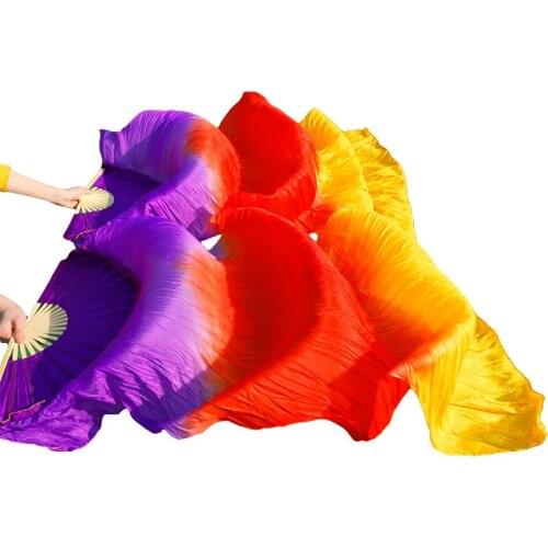 Can Be Customized 100% real silk dance fans 1Pair handmade dyed silk belly dance performance fans dance purple+red+orange 180x90