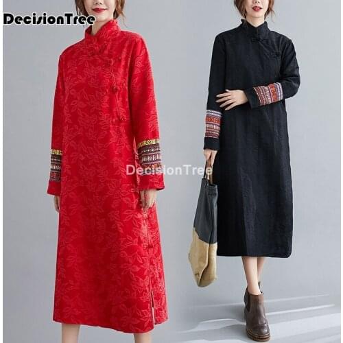 2021 casual women chinese floral printing dress cheongsam elegant loose lady cotton linen full sleeve qipao dress cheongsam