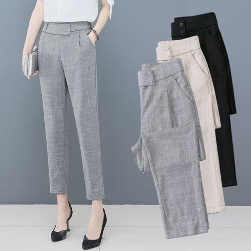 Summer Thin Imitation Cotton Hemp Fashion Suit Pants Womens Large Size High Waist Loose Small Foot Elastic Harlan Casual D033