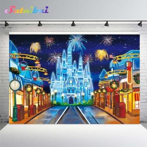 Christmas Party Happy New Year Background Blue Frozen Castle Fireworks Celebration Night Street Lights Wreath Backdrop Banner