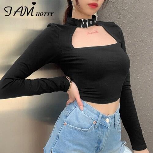 IAMHOTTY One Shoulder Top Hollow Out Womens T Shirt Tops Backless Sexy Negro Long Sleeve T-Shirt Femme Asymmetrical Club Tshirt