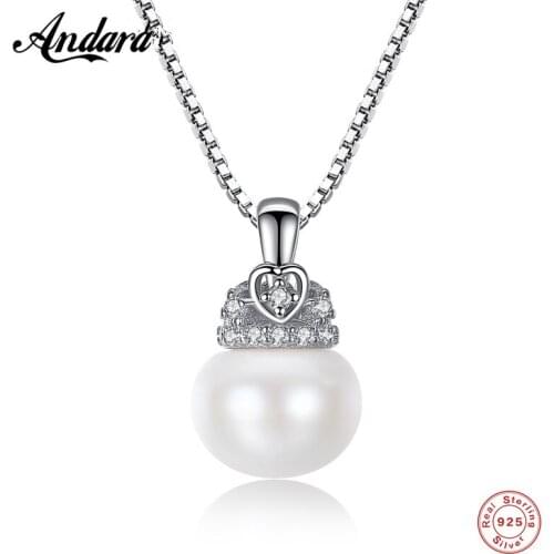 Fine jewelry 925 sterling silver necklace with natural pearl AAA zircon crown pendant silver necklace 18 inch for women