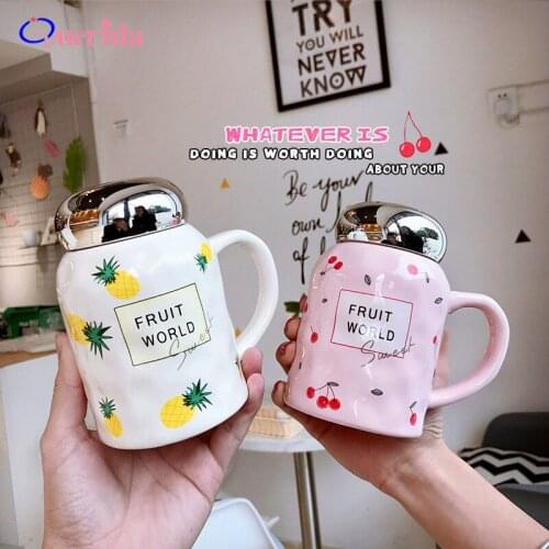 New 380ml Fruit Ceramic Coffee Mug Mirror Cover Embossed Hand Cups Porcelain Anti-hot Breakfast Milk Tea Mugs Gift