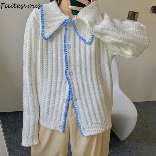 Korean Thick Knitted Cardigan Women 2021 New Loose White Sweater Jacket Autumn Winter Yellow Long Sleeve Tops