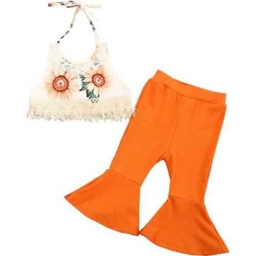 Fashion Children Summer Camisole Trousers Suit Sweet Sunflower Halter Tops and Solid Color Trumpet Pants Outfits Sets