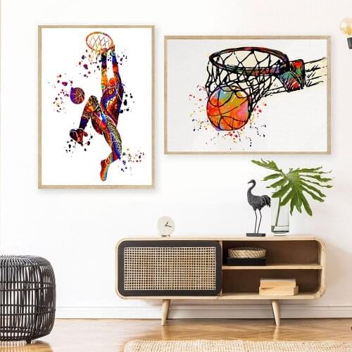 Boys Bedroom Basketball Watercolor Print Painting Jump Man Sport Canvas Poster Modern Stadium Gym Wall Art Decor Hanging Picture