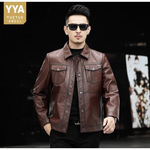 2021 New Mens Short Slim Turn-Down Collar Biker Jacket Single Breasted Fashion Solid High Street Vintage Casual Outerwear