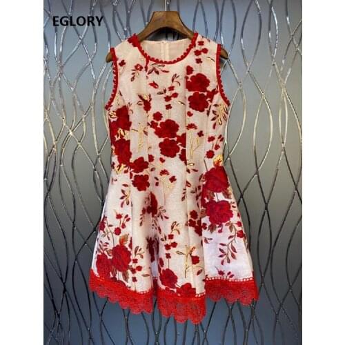 Slim Fit & Flare Dress 2021 Spring Summer Party Event Women O-Neck Red Floral Print Lace Patchwork Sleeveless Sexy Club Dress