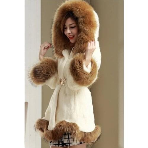 Autumn Winter Coat Medium Length Outerwear Hooded Faux Fox Fur Collar Imitation Mink Fur Coat Women Coat High Faux Fur Overcoat