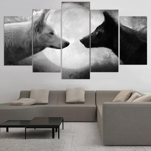 Wolf poster HD print 5 Piece Canvas art Black Wolf White Wolf moon Painting canvas Wall Art Pictures For Living Room Bedroom Dec