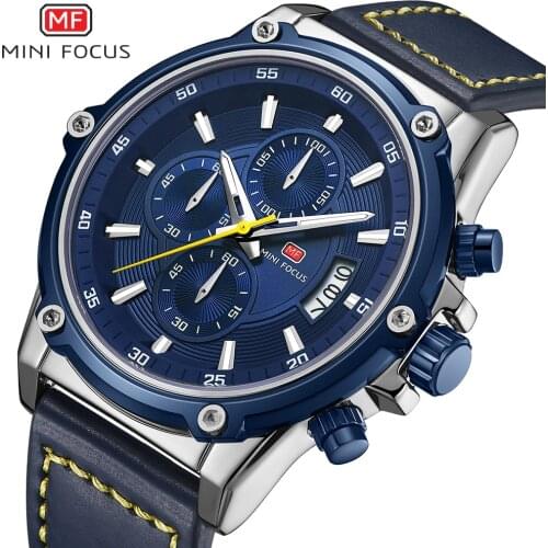 MINI FOCUS Casual Sport Quartz Watches Men Waterproof Date Display Leather Strap Chronograph Watch For Men New Fashion relojes