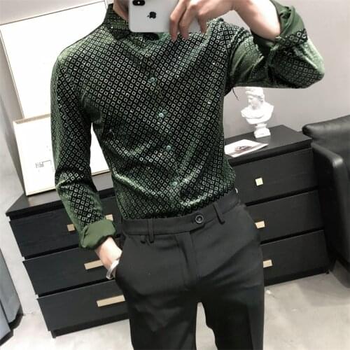 Fashion 2021 Spring New Gold Velvet Men Casual Shirts Long Sleeve Simple All Match Elastic Slim Fit Blouse Homme Black/Green 3XL