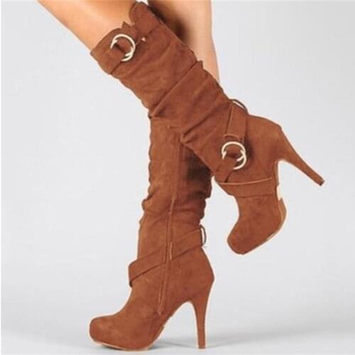 Fashion Ladies Shoes Thin High Heels Strap Belt Buckle Boots Women Sexy Hidden Pladform Mid Calf Boots Female Shoes Botas Mujer