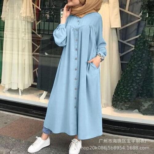 Turkey Arab Women Muslim Dubai Abaya Hijab Dress Jubah Autumn Long Sleeve Buttons Sundress Islam Clothing Abayas Maxi Vestidos