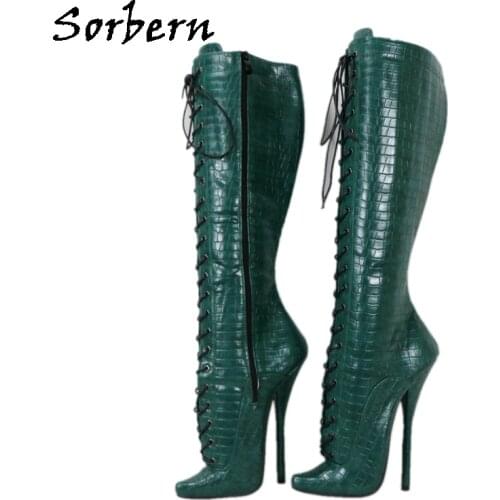 Sorbern Crocodile Style Knee High Boots Fetish Shoe Lace Up Strange Ballet Stilettos Side Zipper Size 12 Heels Custom Colors