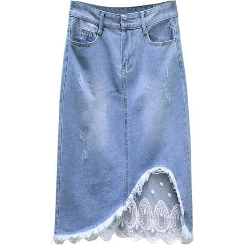 2020 spring summer lace patchwork jeans skirt women high waist package hip knee length denim skirt