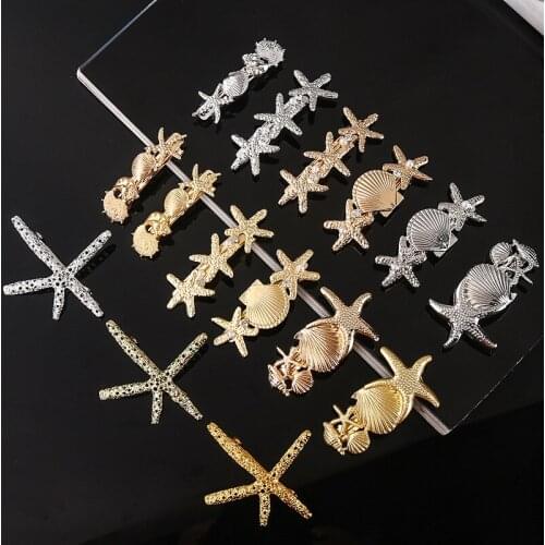 Free shipping starfish shell alloy women hairclips ins bead girls hairpins snap clip ladys side clips hair accessories