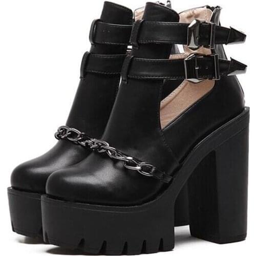 Spring Autumn Fashion Ankle Boots For Women High Heels Casual Cut-outs Buckle Round Toe Chain Thick Heels Platform Shoes