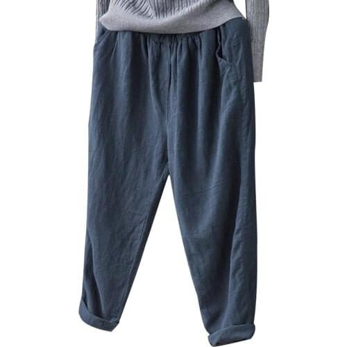 Plus Size Solid Color Women Cotton Linen Harem Pants Casual Baggy Loose Trousers