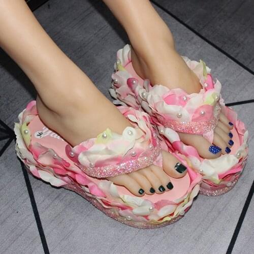 Womens Pink Flowers Petal Decor Slipper Platform Muffin High Wedge Heel Shoes Pearls Sequins Slides Slingback Flip Flops New DIY