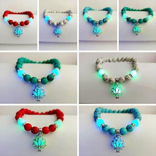 Natural Stones Glowing In The Dark Luminous Lotus Flower Shaped Charm Women Yoga Bracelet Prayer Buddhism Jewelry Gift