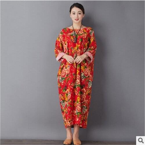 Women Long Sleeve Retro Cotton and Linen Dress