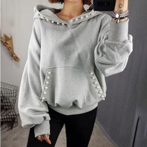SuperAen 2021 Autumn Winter New Solid Hooded Beaded Pullover and Cashmere Coat Sweatshirt Women