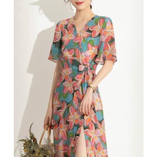 High Quality Woman Dress 100% Silk Dresses for Women Floral Elegant Dress Ladies Midi Clothes 2021 Vestido De Mujer Pph3449