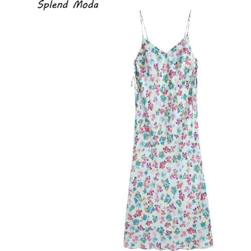 Splend Moda Pastoral Style Floral Print Elastic Backless Dress 2021 Summer New Drawstring Pleated Lace-Up Camisole Women Dress