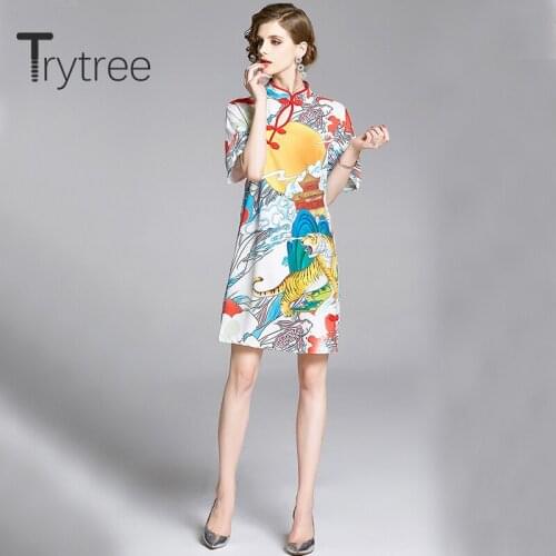 Trytree 2020 Summer Woman Casual Dress Stand Collar Print Fashion A-line Loose Fashion Vintage Elegant temperament Mini Dress