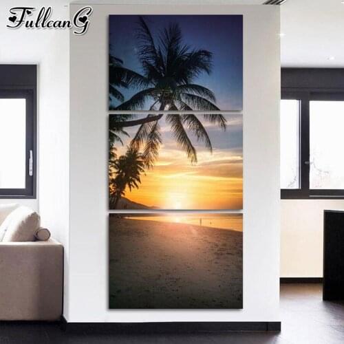 FULLCANG 5d diy diamond embroidery sale sunset sea palm tree painting triptych full square round drill wall decoration FG0191