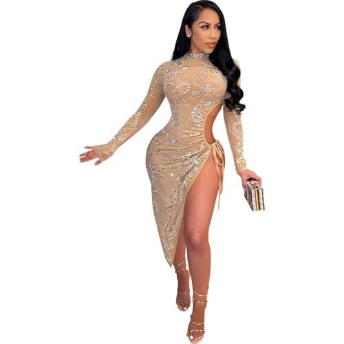 Sparkling Hot Drilling Sexy Clubwear Dresses INS Hottest O-neck Hollow Out Lace-up Split Mid-Calf Party Dress Summer 2021