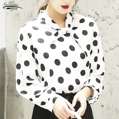 Blusa 2020 Women Blouse and Tops Autumn Polka Dot Shirt Womens Retro Bottoming Shirt Bow Ribbon Shirt Tops Chemisier Femme 9342