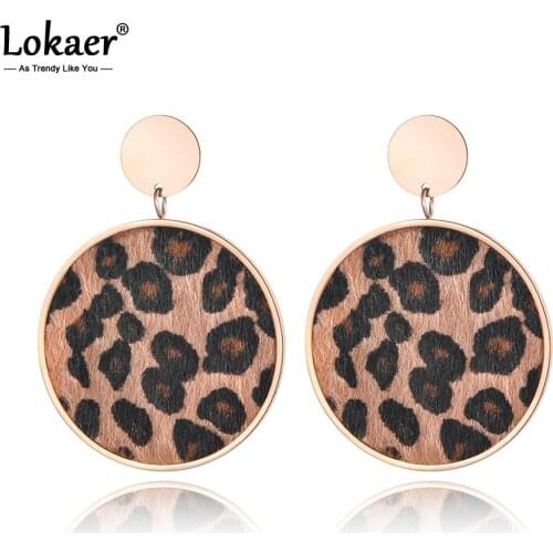 Lokaer Big Round Earring Exaggerated Style Stainless Steel Jewelry Leopard Print Horse Hair Pasted Rose Gold Color E18463